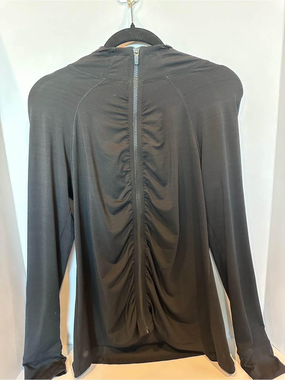 607AW - Athleta Black Ruched Full Zip Hooded Jacket Stretch Size L